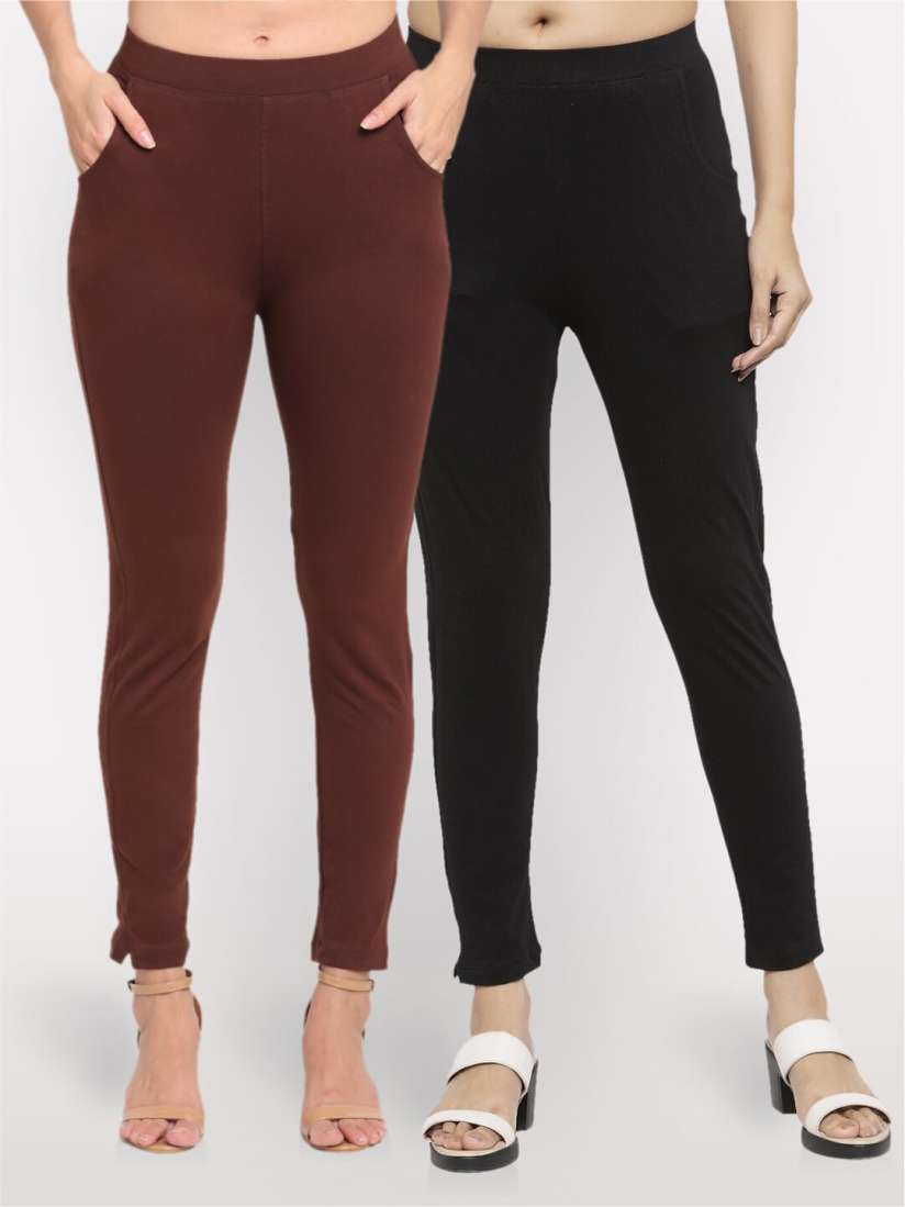 Buy NEUDIS Women Pack Of 2 Brown Black Cotton Ankle Length Jeggings Leggings for Women 16363200 Myntra