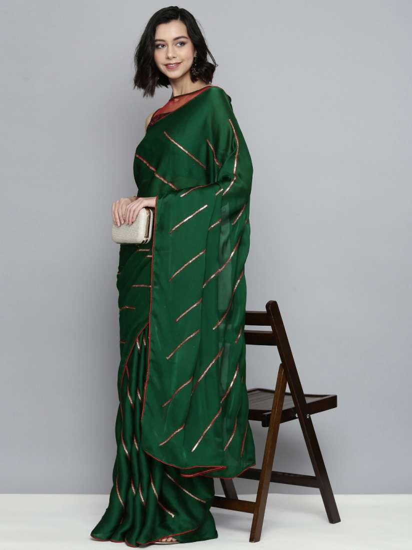 Buy HERE NOW Green Sequinned Satin Saree Sarees for Women 16368274 Myntra