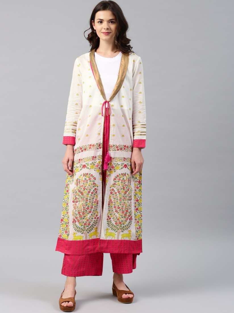 Buy W Women White Pink Ethnic Motif Printed Longline Ethnic Jacket Jackets for Women 1639786 Myntra