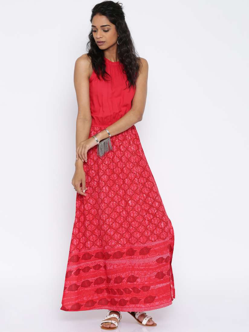 Buy Global Desi Women Coral Red Printed Maxi Dress Dresses for Women 1639939 Myntra