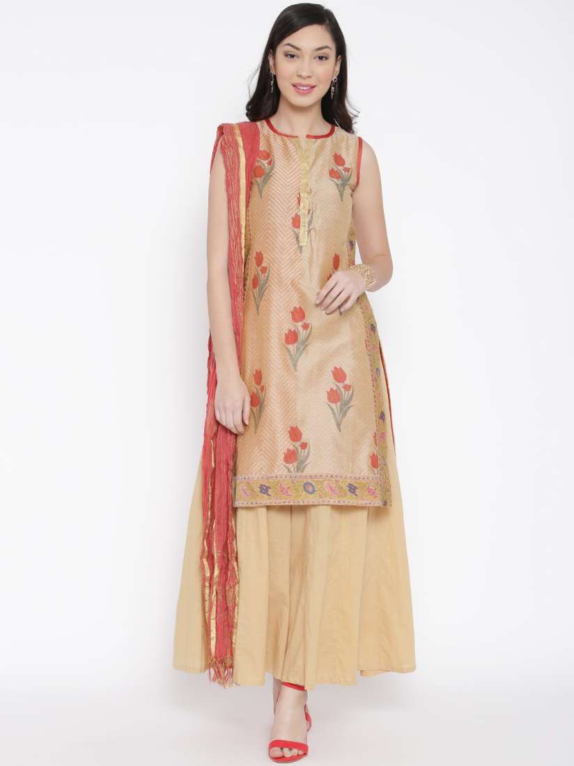 Buy Biba Beige Printed Straight Kurta with Palazzo Trousers Dupatta Kurta Sets for Women 1642095 Myntra