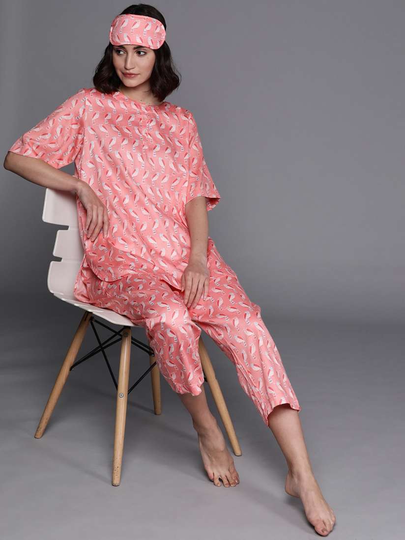 Buy Biba Women Pink Printed Pyjamas Set with Eye Mask Night suits for Women 16424936 Myntra