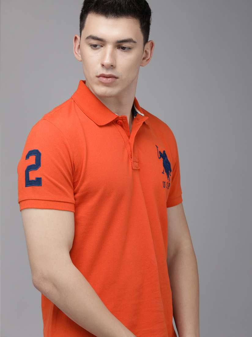 Buy U.S. Polo Assn. Men Orange Solid Polo Collar Embroidered Pure Cotton Slim Fit T shirt Tshirts for Men 16430392 Myntra