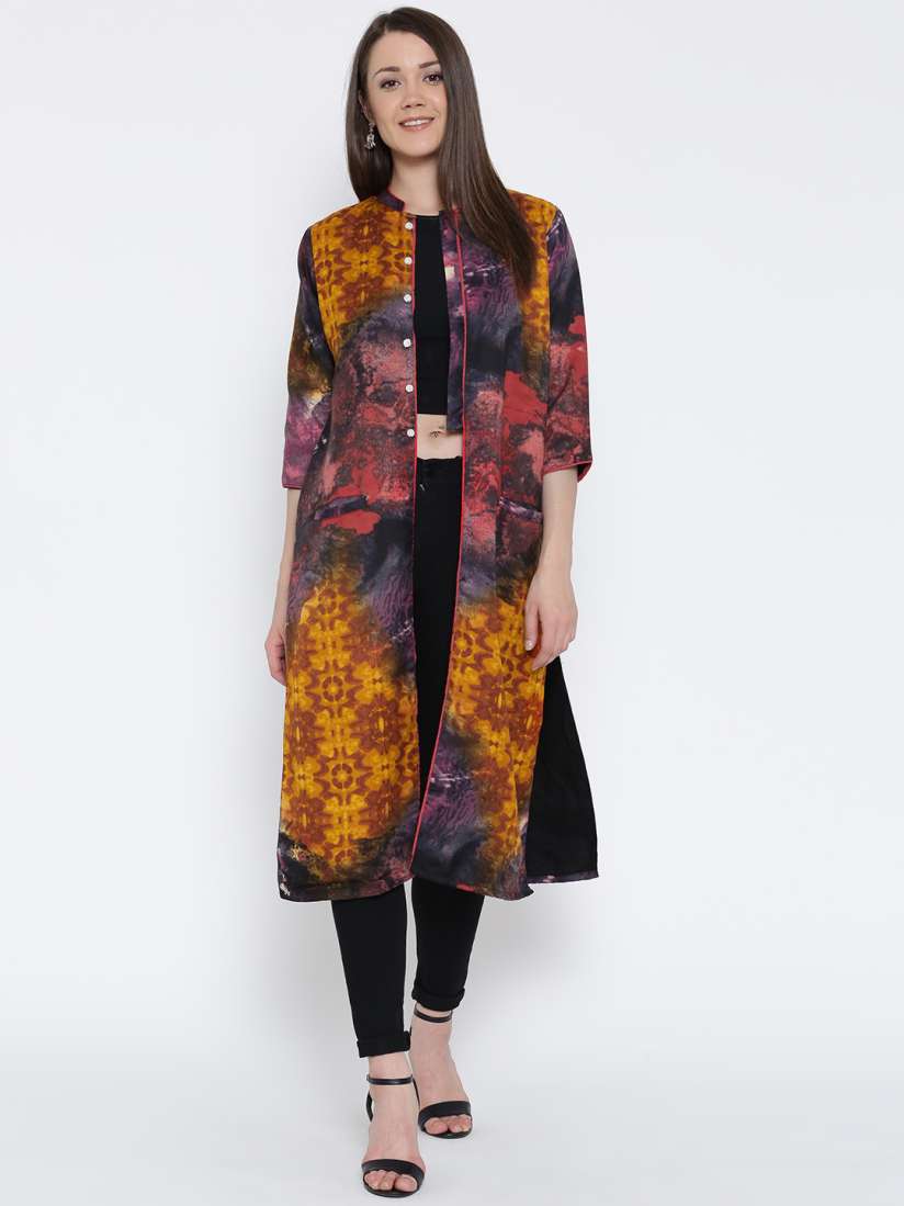 Buy Shree Mustard Yellow Purple Printed Longline Ethnic Jacket Jackets for Women 1643919 Myntra