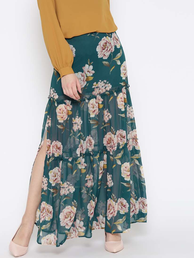 Buy FOREVER 21 Green Floral Print Sheer Tiered Maxi Skirt Skirts for Women 1645773 Myntra