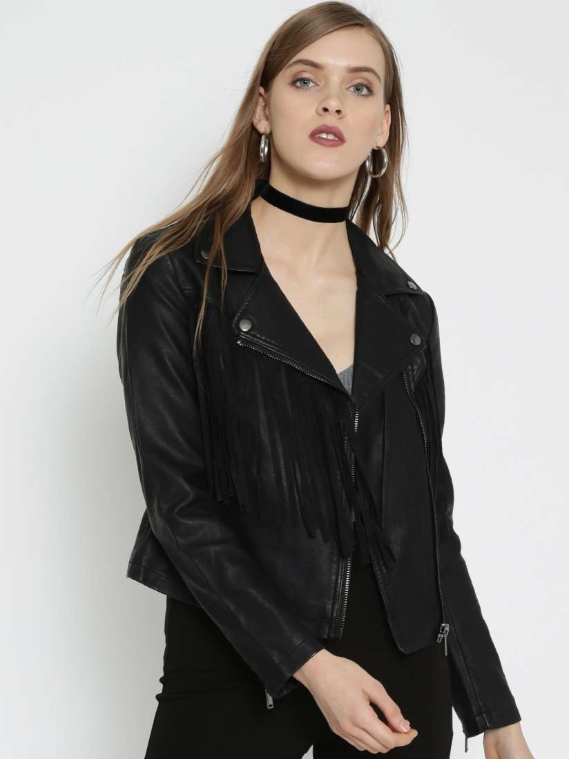Buy FOREVER 21 Black Faux Leather Fringed Biker Jacket Jackets for Women 1645785 Myntra