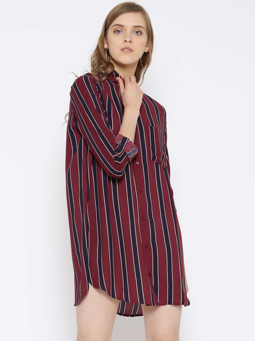 Maroon striped shirt dress discount