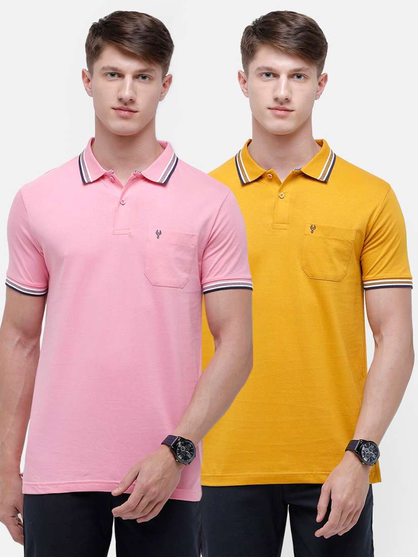 Buy Classic Polo Men Pack of 2 Pink Yellow Polo Collar Pockets Slim Fit Pure Cotton T shirt Tshirts for Men 16460480 Myntra