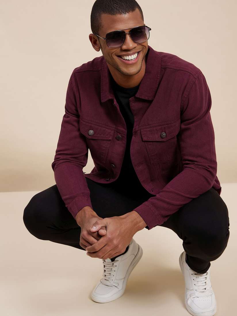 Burgundy denim jacket men on sale