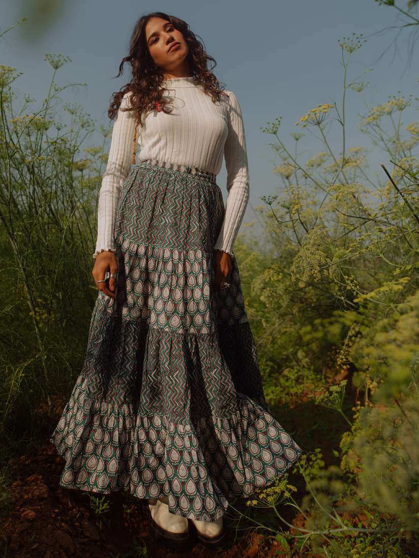 Buy Anayna Women Blue And White Printed Cotton Tiered Long Skirt Skirts for Women 16477692 Myntra