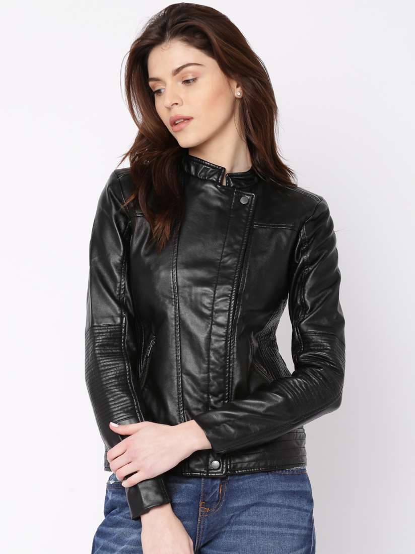 Pepe jeans black leather jacket online