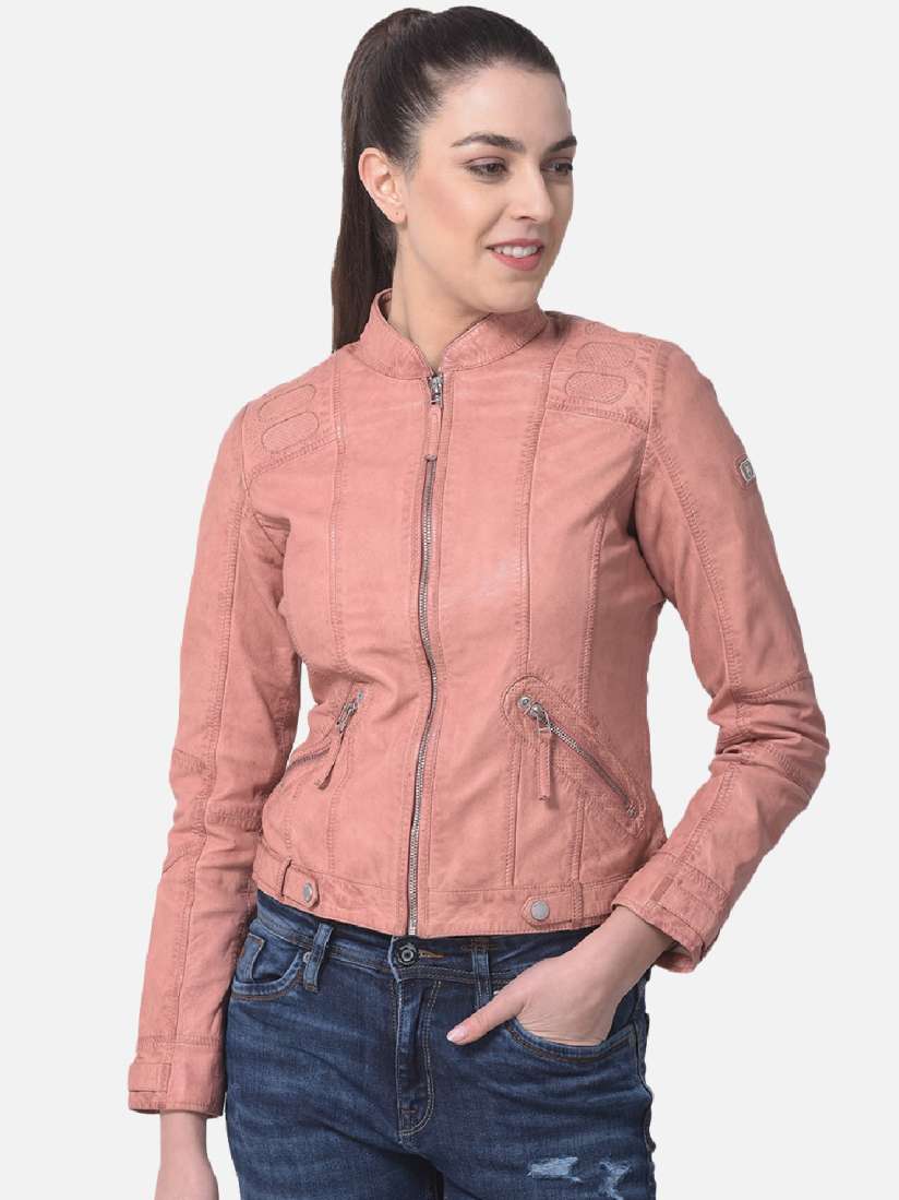 Peach color leather jacket new arrivals