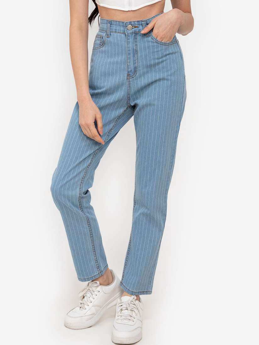 Buy ZALORA BASICS Women Blue Pinstripe Printed Mom Jeans Jeans for Women 16497628 Myntra