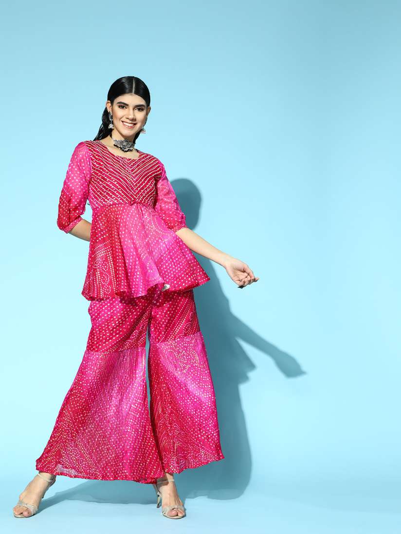 Buy Varanga Pink Cotton Blend Short Kurti with Flared Pants Kurta Sets for Women 16504516 Myntra