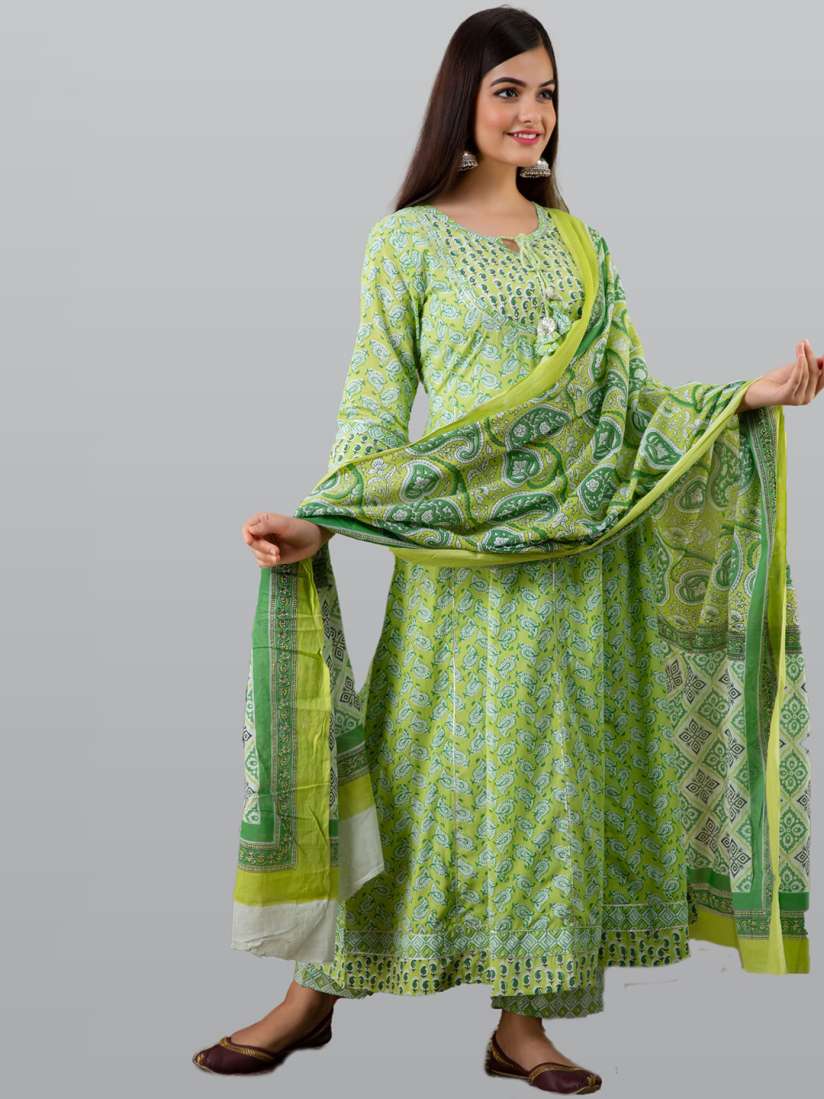 Buy KALINI Women Green Paisley Printed Panelled Pure Cotton Kurta With Churidar With Dupatta Kurta Sets for Women 16505422 Myntra
