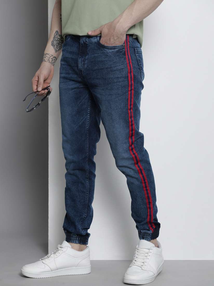 Side stripe denim joggers on sale
