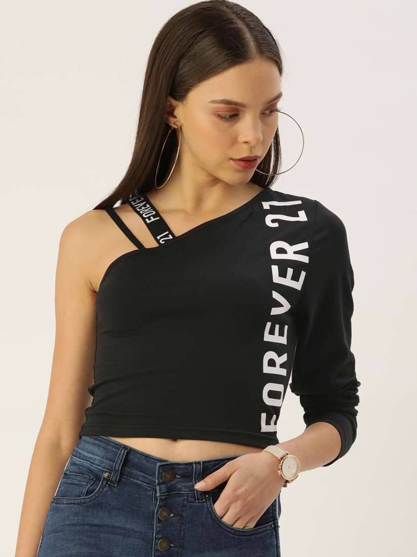 Buy FOREVER 21 Black Brand Logo Print One Shoulder Neck Regular Sleeves Monochrome Crop Top Tops for Women 16515370 Myntra