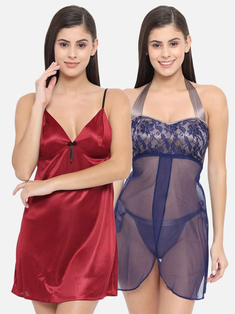 Buy Klamotten Maroon Navy Blue Pack Of 2 Babydoll Nightdress Baby Dolls for Women 16536376 Myntra