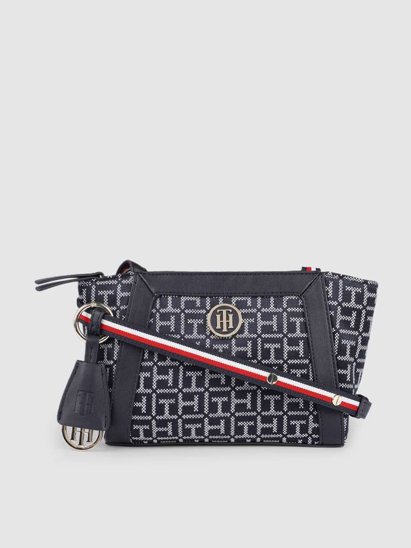Buy Tommy Hilfiger Navy Blue White CHARM CROSSOVER Logo Jacquard Weave Structured Sling Bag Handbags for Women 16546956 Myntra