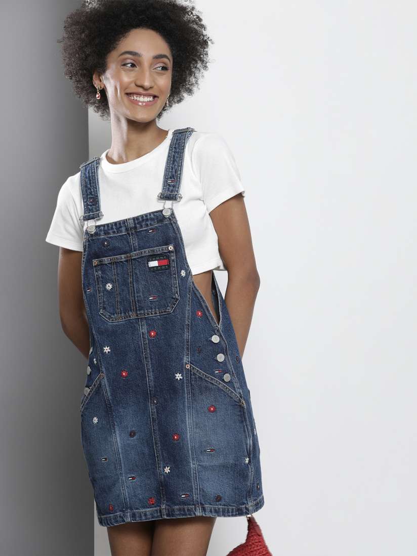 Buy Tommy Hilfiger Women Blue Floral Embroidered Denim Pinafore Dress Dresses for Women 16554248 Myntra