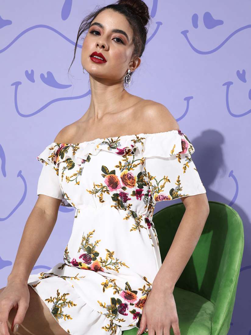 White floral bardot dress store