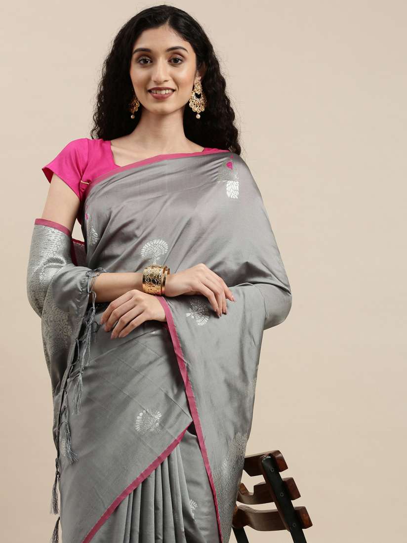 Buy Mitera Grey Silver Toned Woven Design Zari Lichi Silk Blend Banarasi Saree Sarees for Women 16576110 Myntra