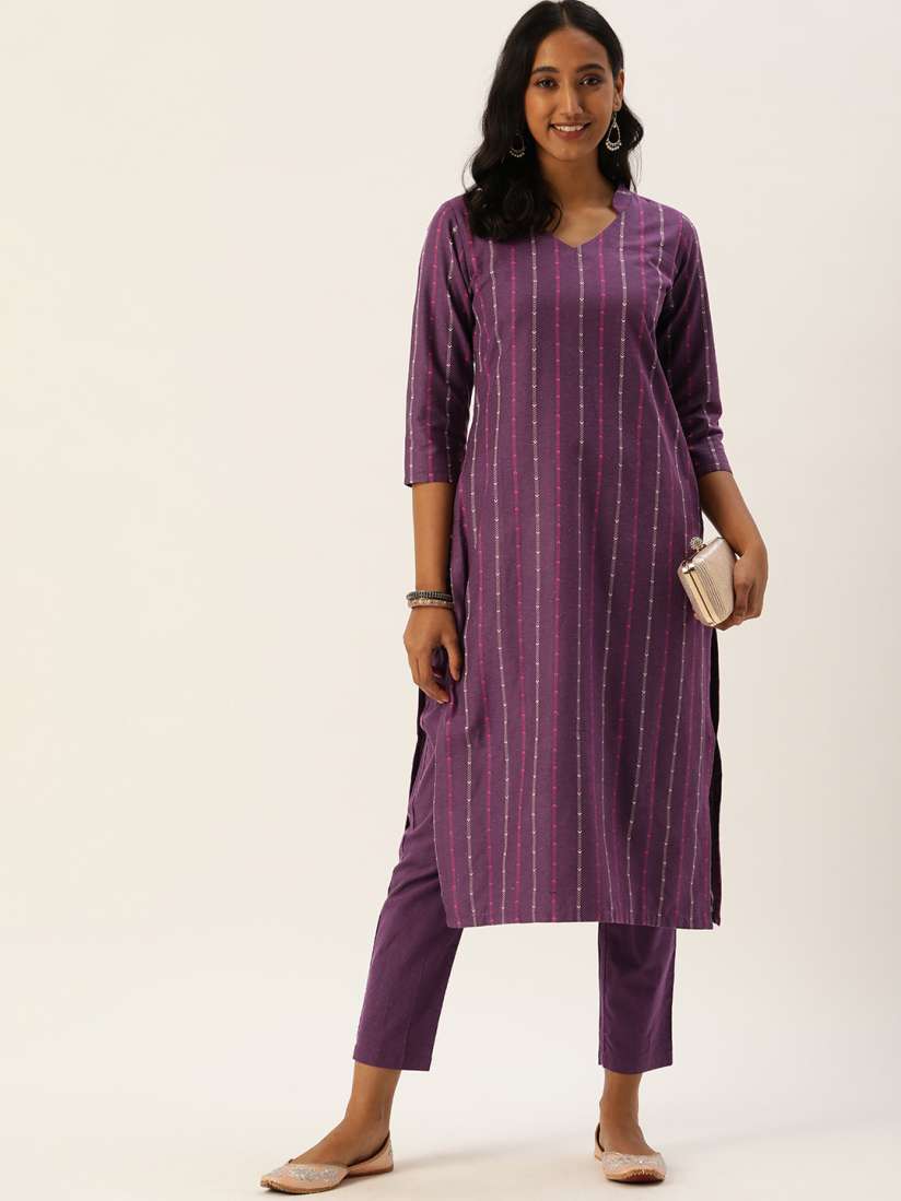 Buy Saanjh Women Violet Cotton Blend Woven Designed Straight Kurti with Trousers Kurta Sets for Women 16576574 Myntra