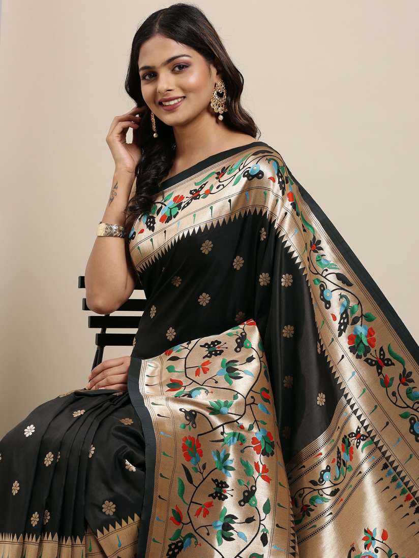 Buy Mitera Black Woven Design Zari Silk Blend Paithani Saree Sarees for Women 16588144 Myntra