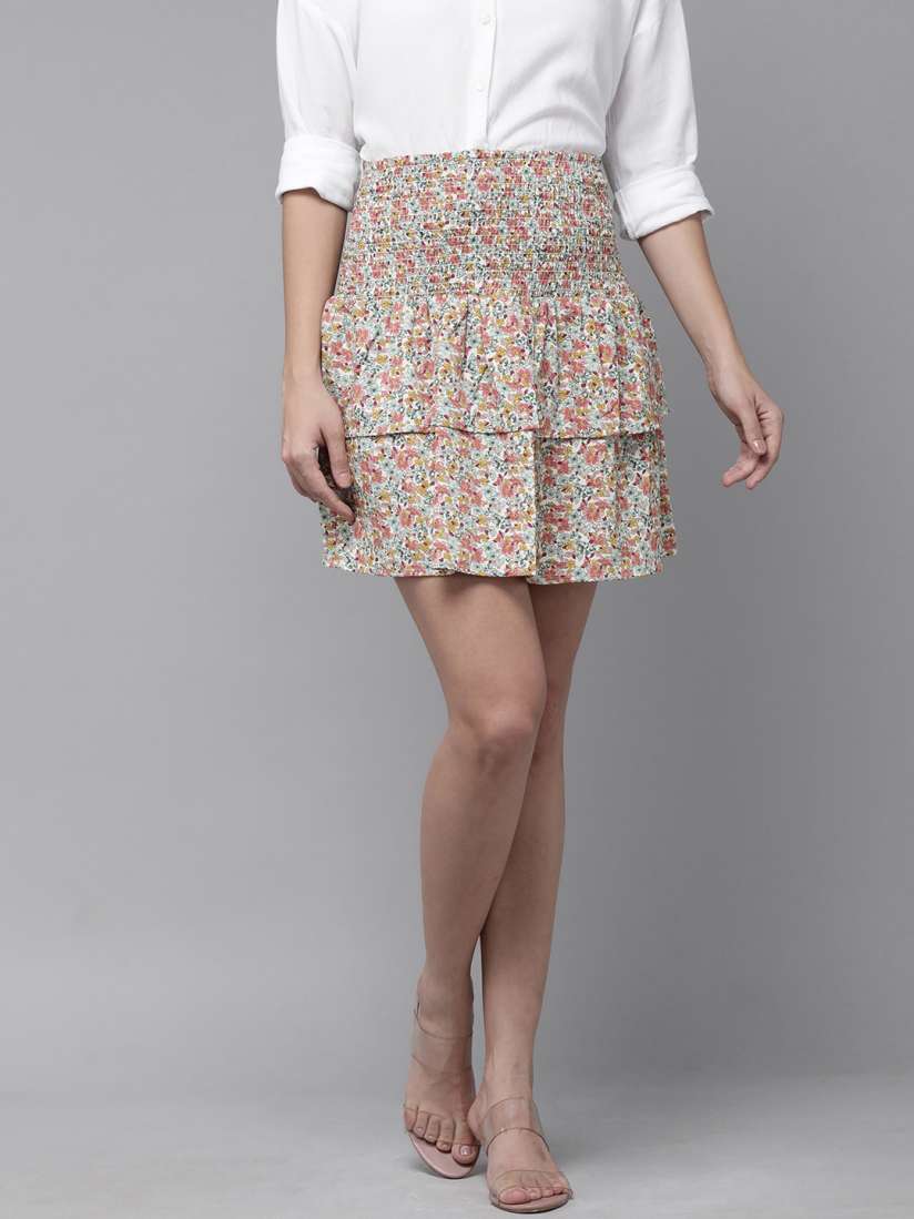 Buy RARE Women White Blue Floral Print Smocked Mini Skirt Skirts for Women 16595240 Myntra