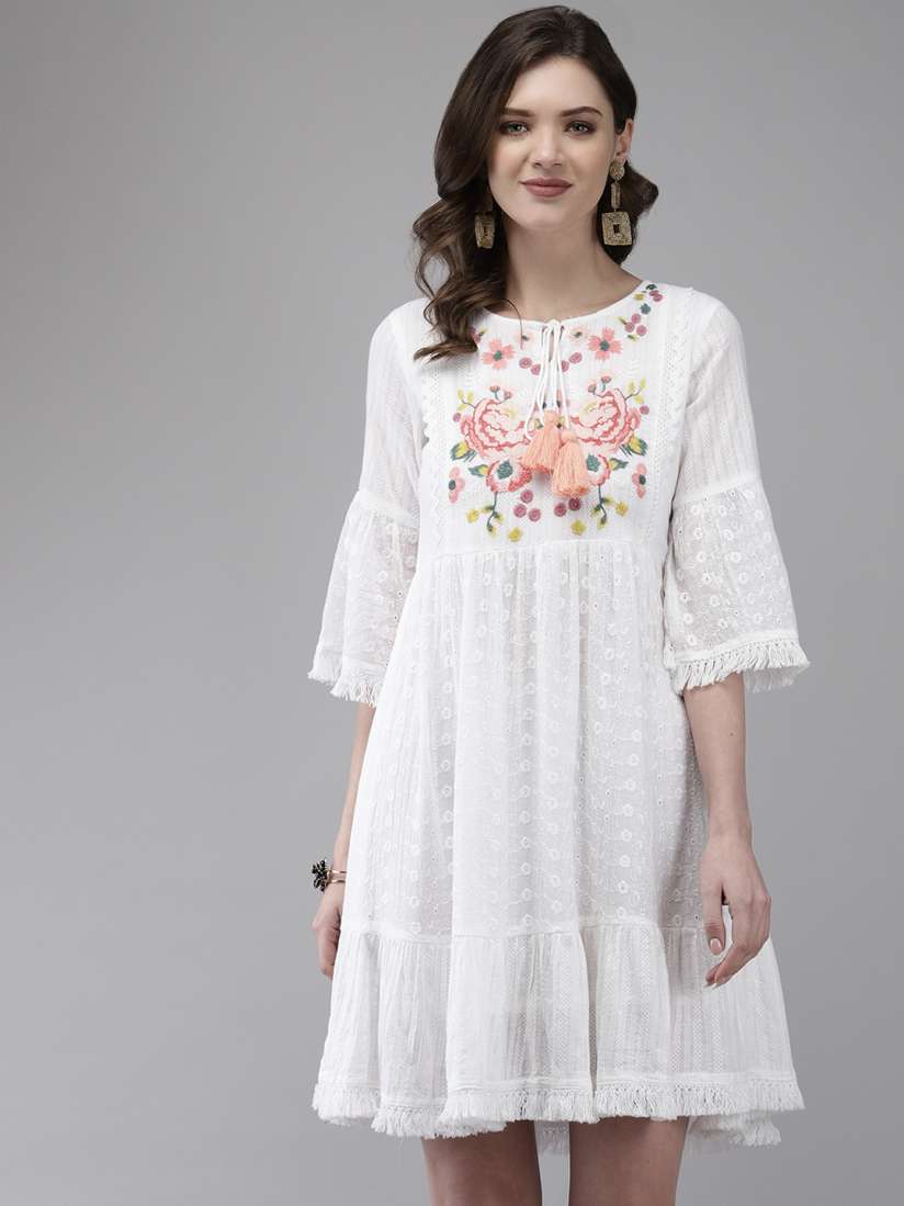 White dress floral embroidery top
