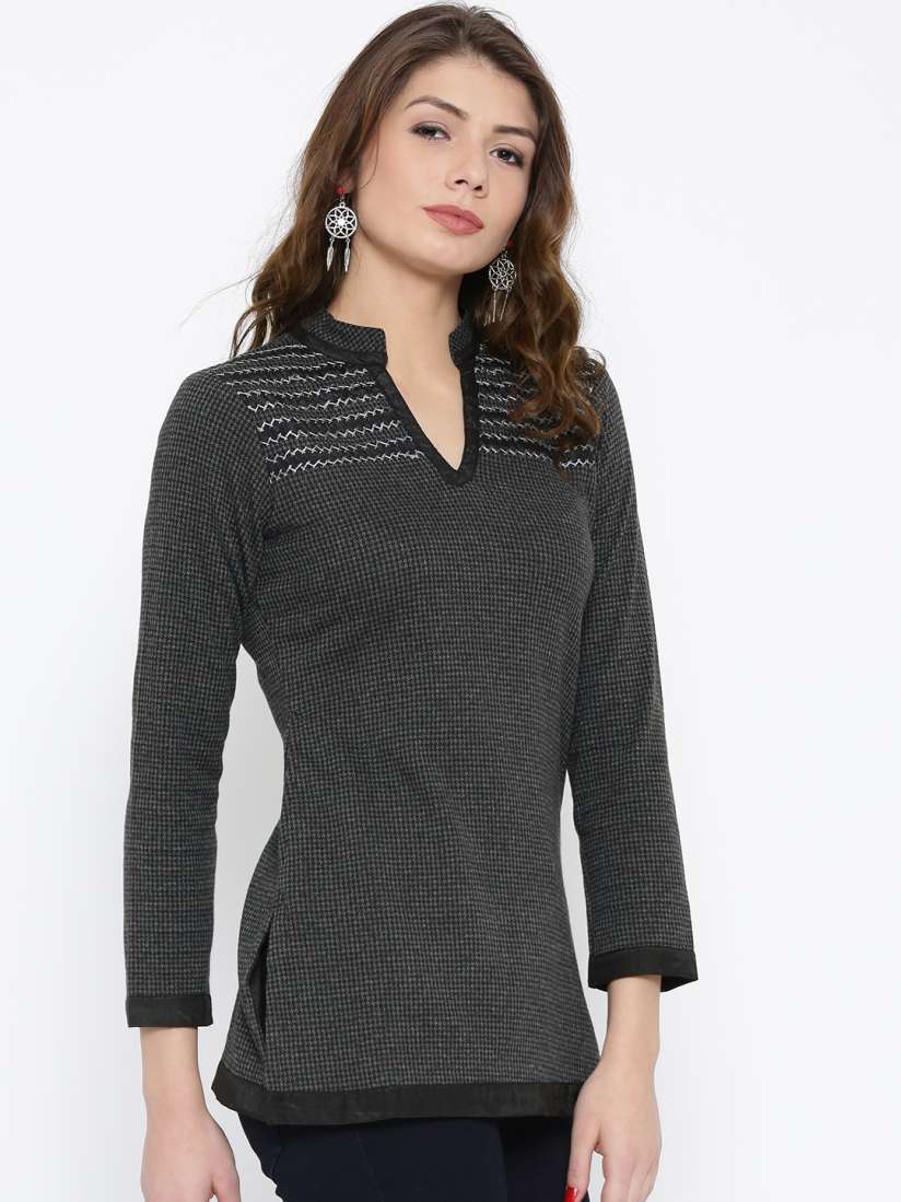 Buy Biba Black Grey Melange Patterned Winter Kurti Kurtis for Women 1663311 Myntra