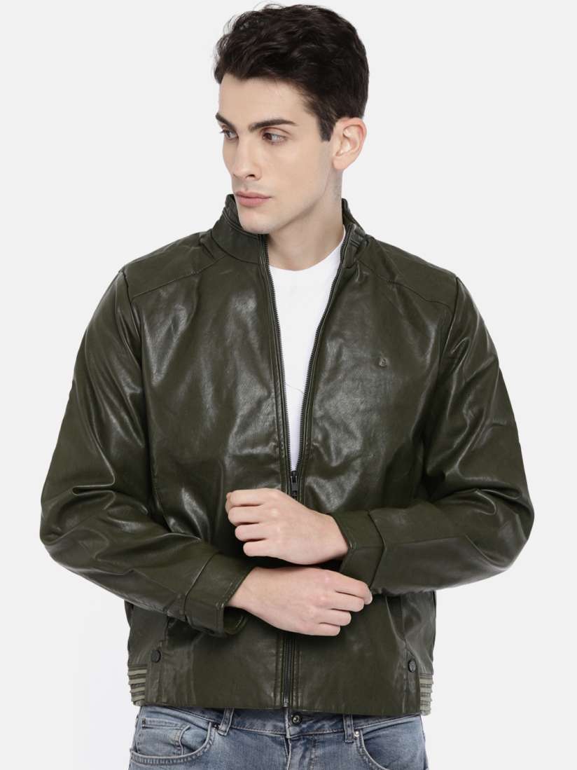 Buy SPYKAR Olive Green Faux Leather Biker Jacket Jackets for Men Myntra