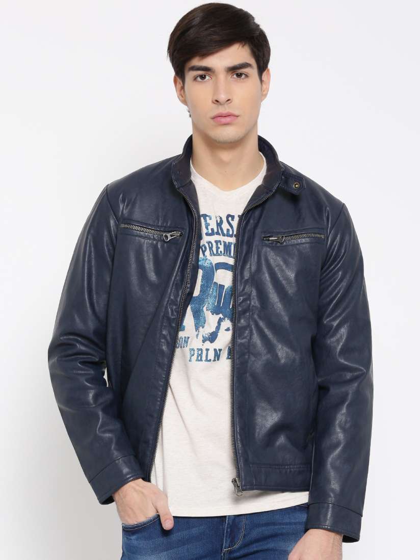 Navy faux leather biker jacket discount