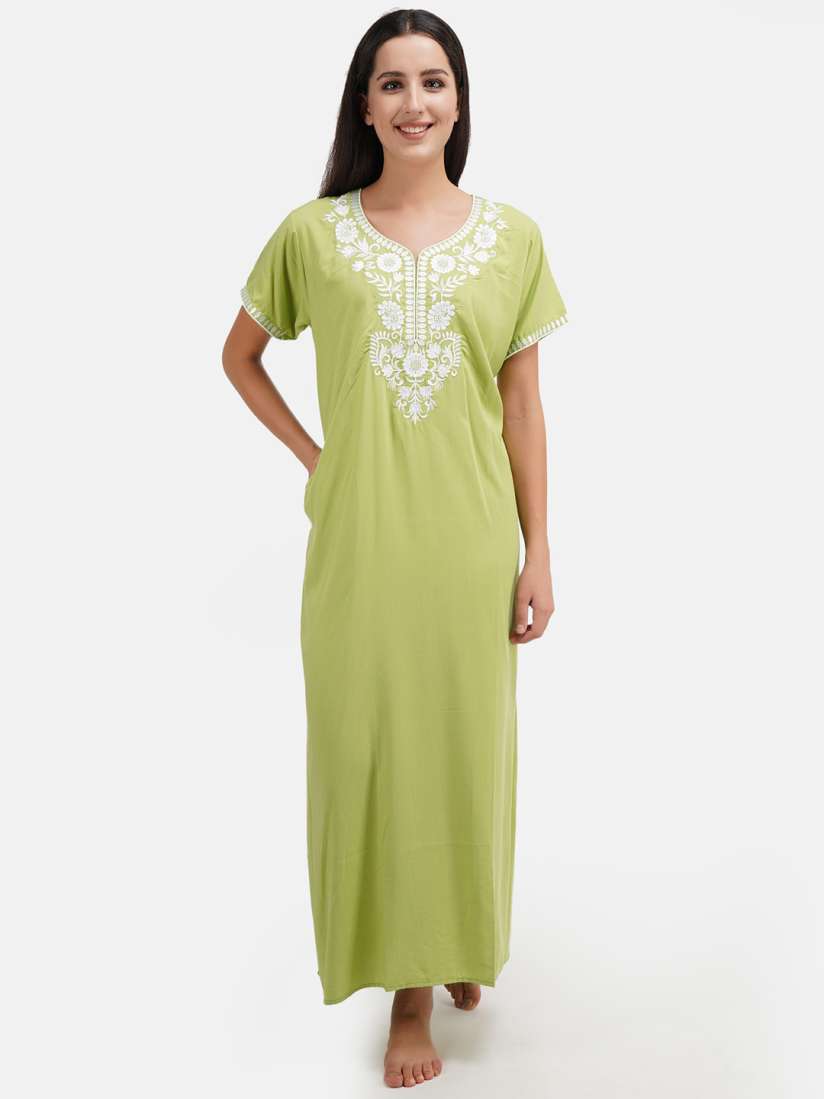 Buy KOI SLEEPWEAR Green White Embroidered Lissybissy Cotton Maxi Nightdress Nightdress for Women 16675326 Myntra