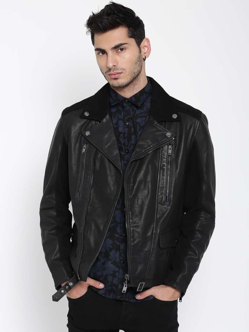 Buy H.E. By Mango Black Bovine Leather Jacket Jackets for Men 1670303 Myntra