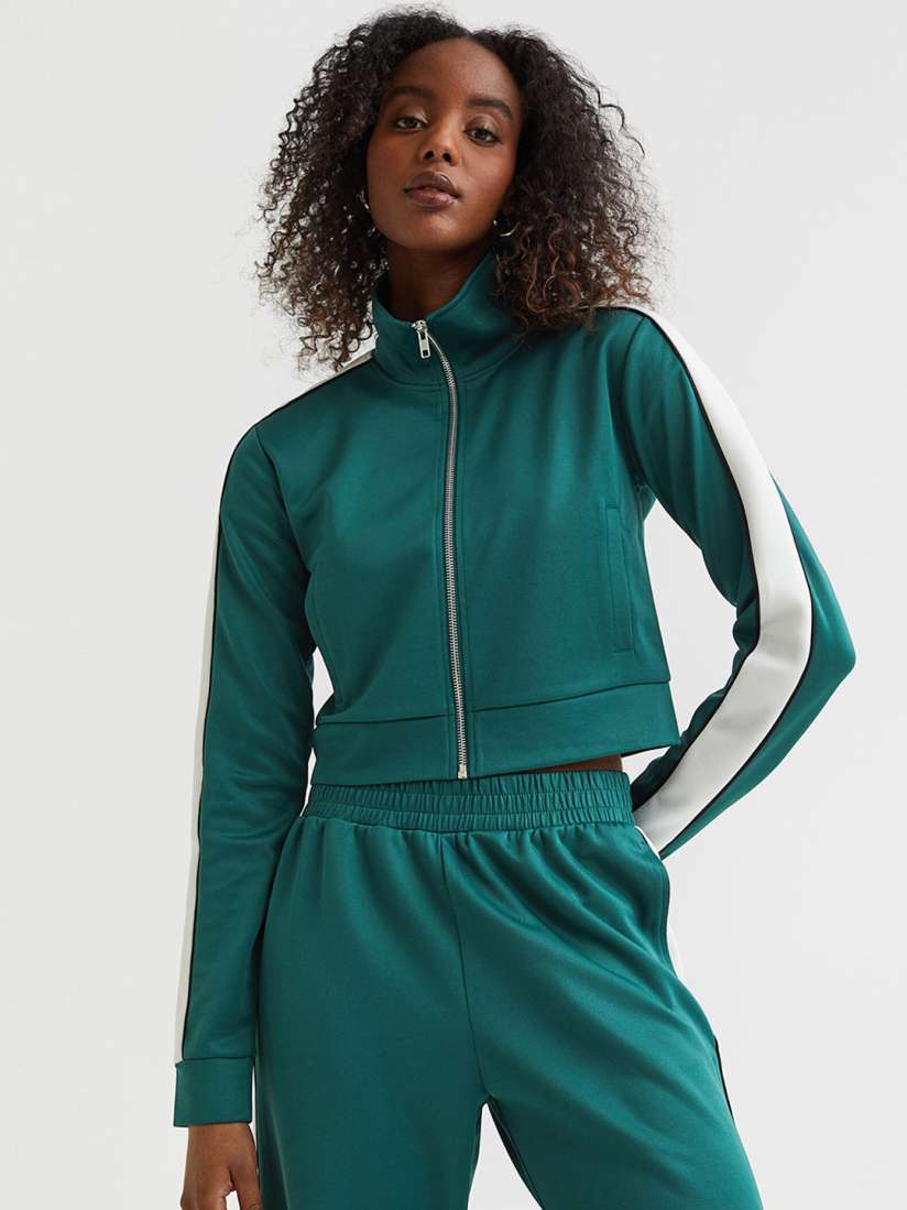 Buy H M Women s Green White Cropped track jacket Jackets for Women 16718256 Myntra
