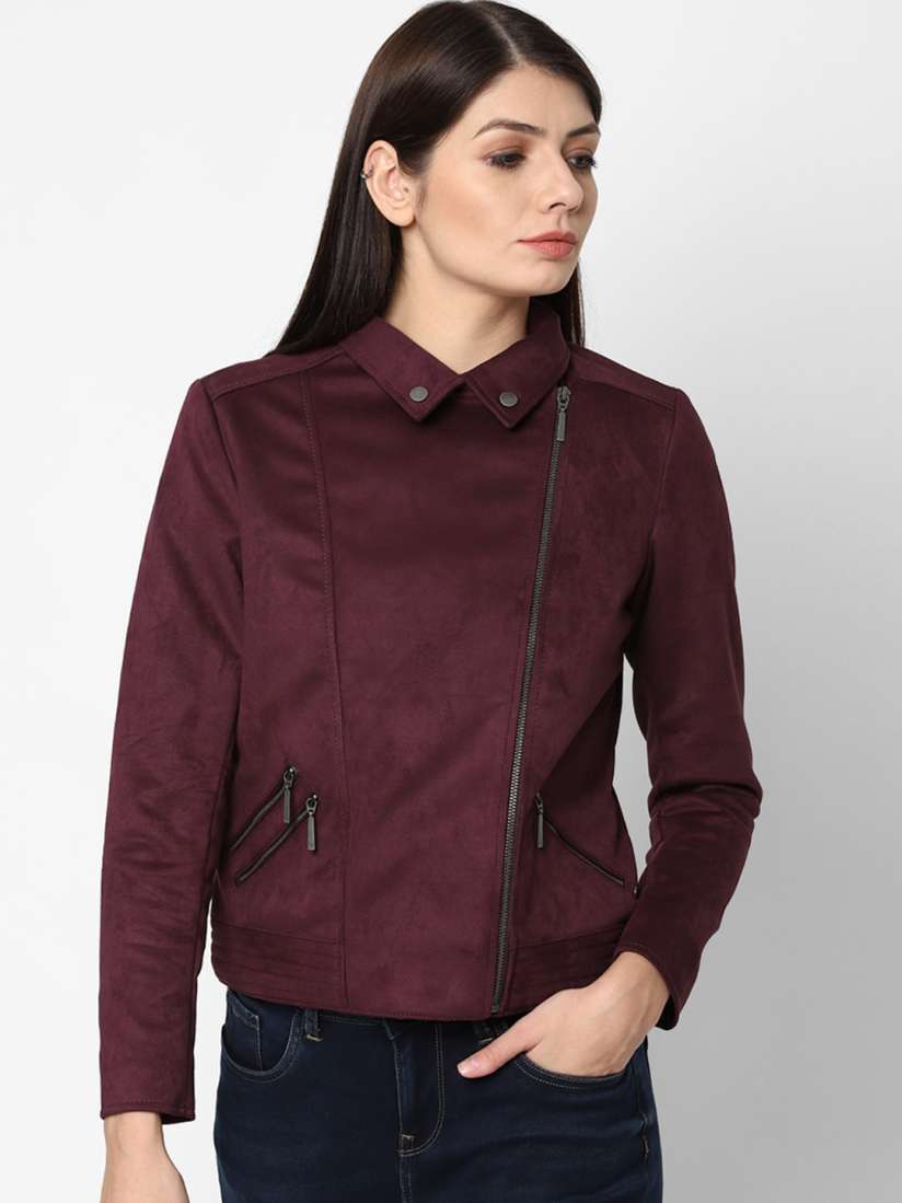 Buy Allen Solly Woman Women Burgundy Solid Polyester Regular Biker Jacket with Zip Detail Jackets for Women 16724256 Myntra