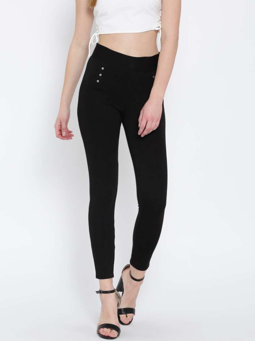 Buy Hubberholme Black Stretchable Structured Fit Ankle Length Treggings Jeggings for Women 1672757 Myntra