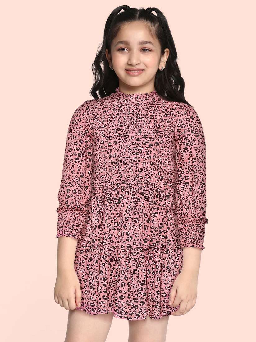 Buy Marks Spencer Pink Black Animal Print Smocked Flared Dress