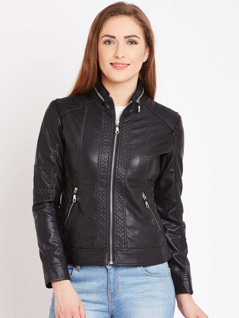 Buy Fort Collins Black Faux Leather Biker Jacket Jackets for Women 1673430 Myntra