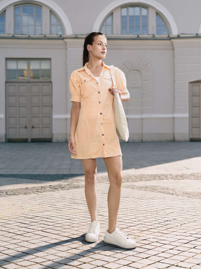 Buy FOREVER 21 Peach Orange Solid Shirt Collar Puff Sleeves Pockets Detailing Shirt Mini Dress Dresses for Women 16741744 Myntra