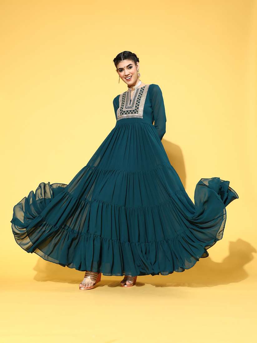 Buy Inddus Teal Green Ethnic Yoke Embroidered Georgette Maxi Dress Ethnic Dresses for Women 16758828 Myntra