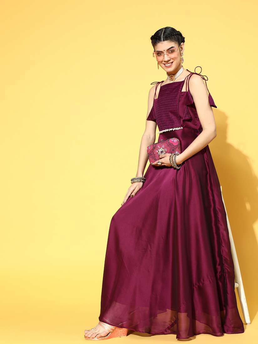 Buy Inddus Women Burgundy Tie Up Neck Ethnic Maxi Dress Ethnic Dresses for Women 16758864 Myntra