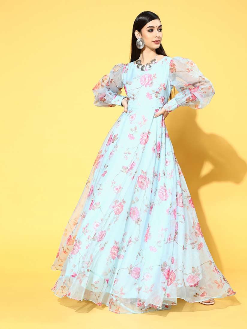 Buy Inddus Blue Pink Floral Printed Maxi Dress Ethnic Dresses for Women 16758872 Myntra