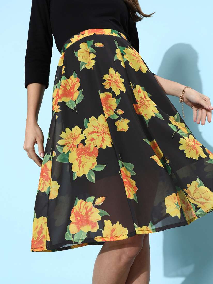 Buy DressBerry Blue Yellow Floral Printed Flared Skirt Skirts for Women 16771000 Myntra