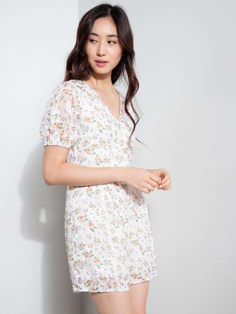 Buy ZALORA OCCASION White Orange Printed V Neck Puff Sleeve Playsuit Jumpsuit for Women 16776754 Myntra