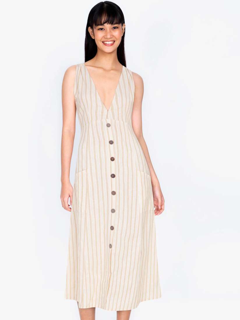 Buy ZALORA BASICS Women Beige Striped Deep V Neck Button Down A Line Midi Dress Dresses for Women 16781962 Myntra