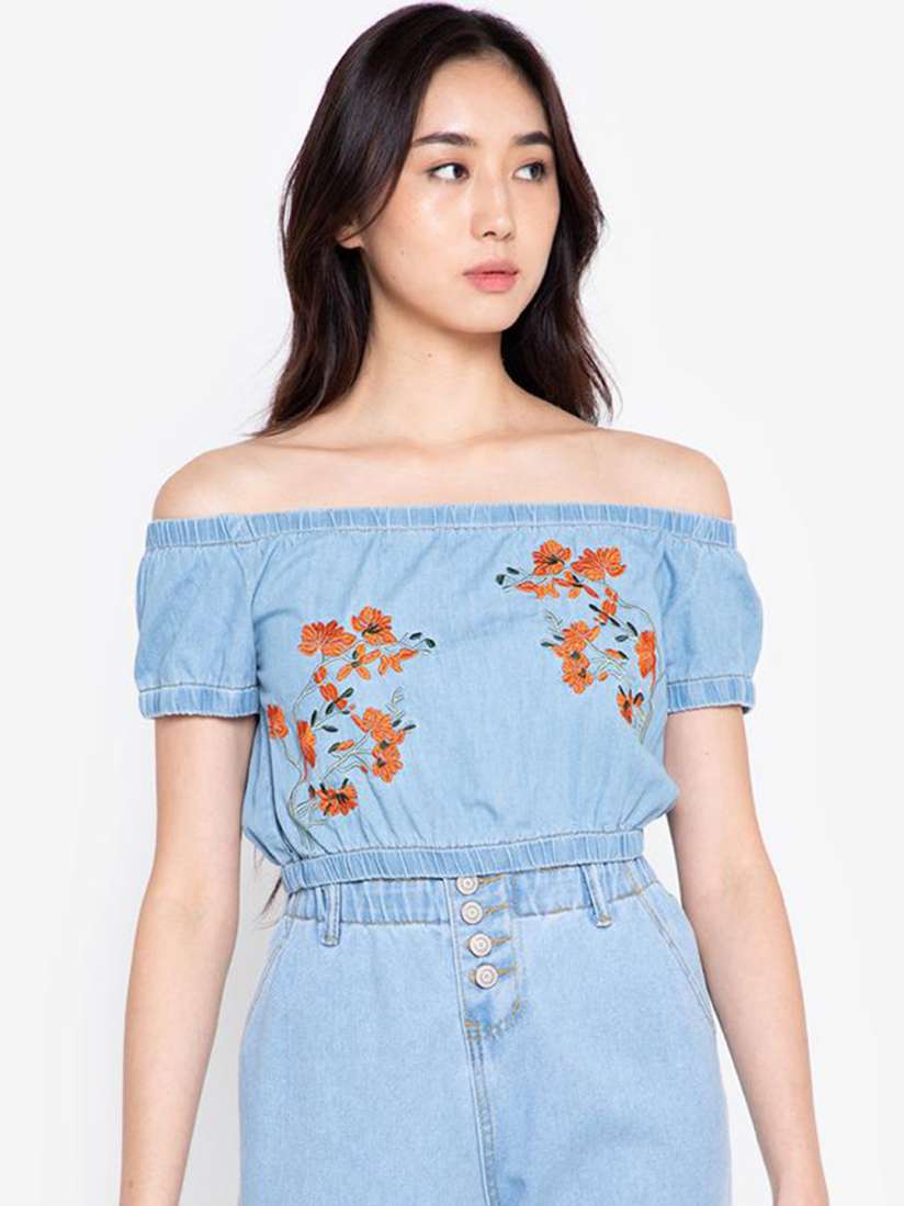 Buy ZALORA BASICS Blue Floral Embroidered Off Shoulder Denim Bardot Top Tops for Women 16783990 Myntra