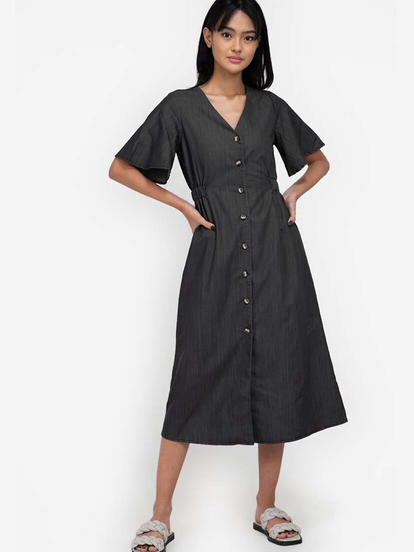 Buy ZALORA BASICS Women Black Solid Button Through A Line Midi Dress Dresses for Women 16785112 Myntra