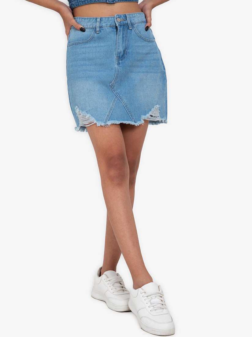 Buy ZALORA BASICS Women Blue Frayed Ripped Mini Denim Skirt Skirts for Women 16790338 Myntra